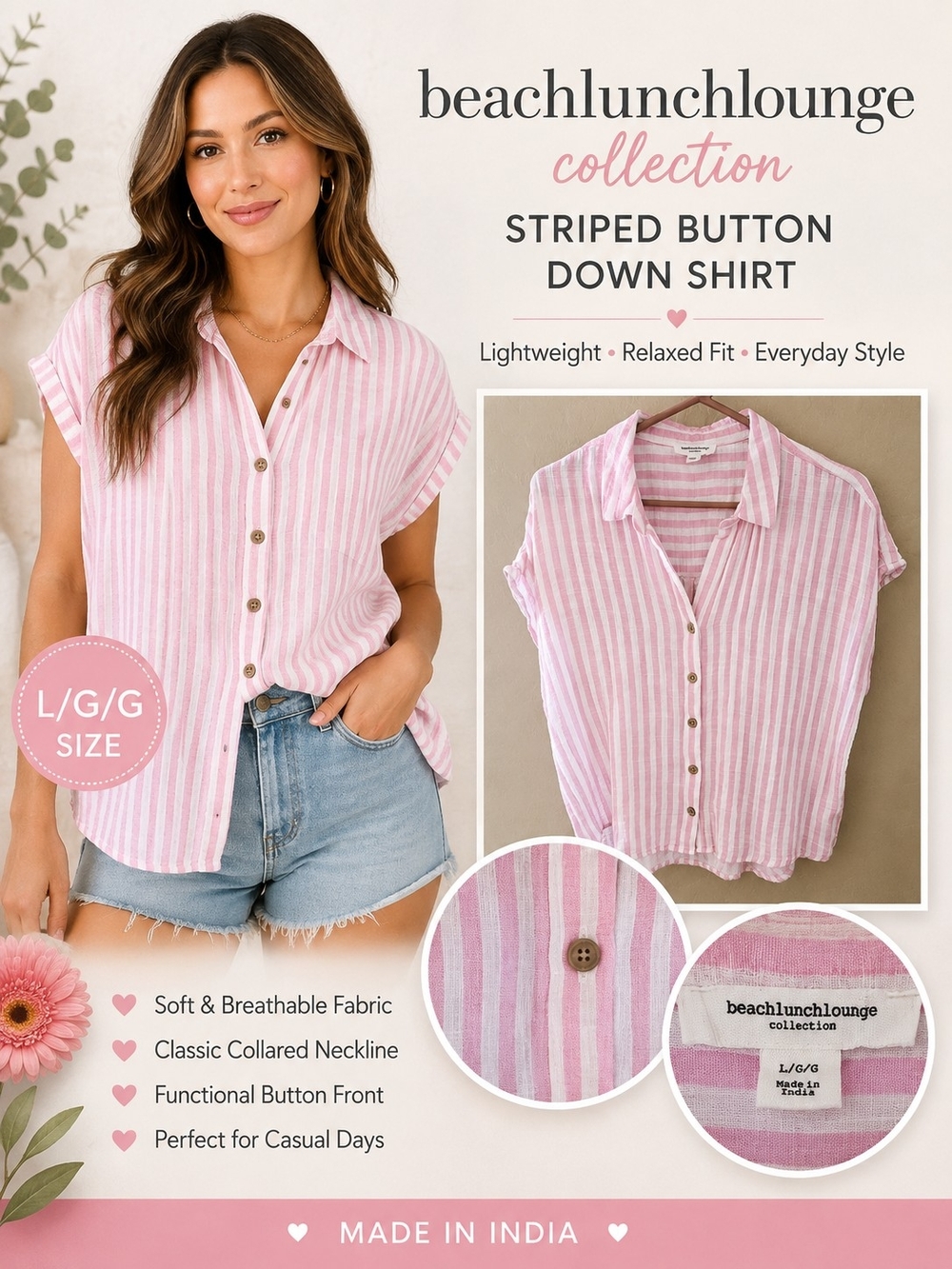 beachlunchlounge Pink and White Striped Button-Down Shirt